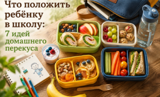 Домашний школьный перекус в компактном ланч-боксе с отделениями: ролл, овощи, виноград, голубика, сыр, орехи и полезные шарики