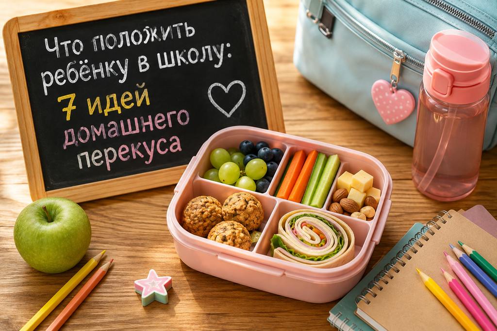 Домашний школьный перекус в компактном ланч-боксе с отделениями: ролл, овощи, виноград, голубика, сыр, орехи и полезные шарики