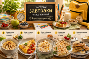 Быстрые завтраки перед школой: овсяная каша, омлет, творог с фруктами, лаваш с сыром и бананово-овсяные оладьи