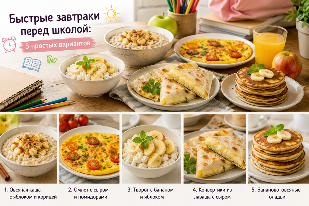 Пять простых завтраков перед школой с кашей, омлетом, творогом, лавашом с сыром и банановыми оладьями