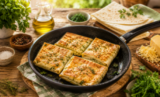Конвертики из лаваша с сыром и зеленью, обжаренные на сковороде