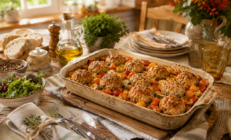 Куриные тефтели с овощами, запечённые в духовке, на деревянном столе для семейного сентябрьского ужина