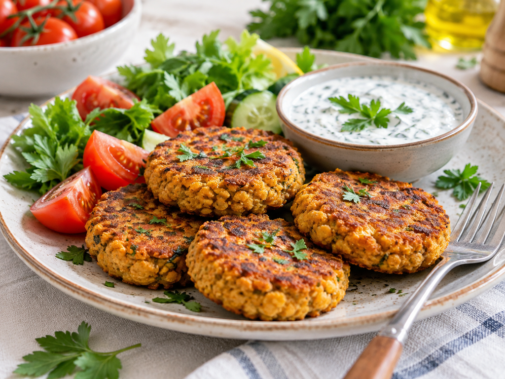 Котлеты из красной чечевицы с овощами и йогуртовым соусом