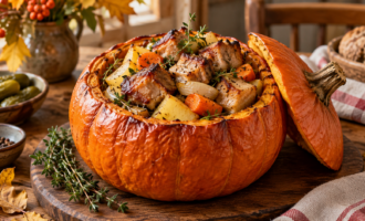 Тыква, фаршированная мясом, картофелем и овощами, запечённая в духовке