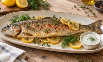 Форель, запечённая целиком с лимоном и травами, на светлом блюде