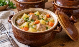 Свинина с картошкой, морковью и сливочной подливкой в горшочке
