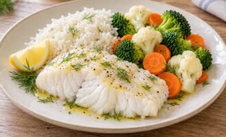 Рыба на пару с рисом, брокколи, цветной капустой, морковью и лимоном